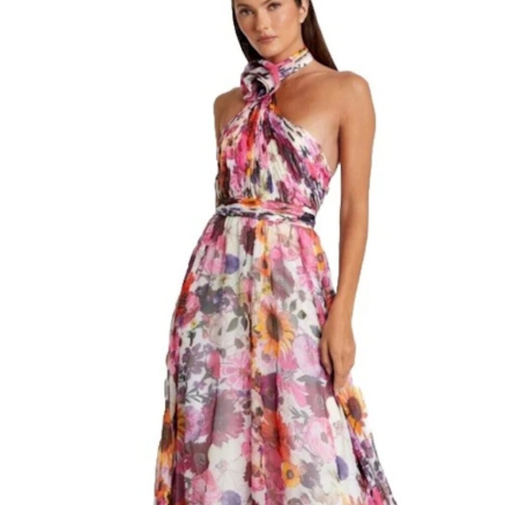 MAC DUGGAL 68108 ASYMMETRICAL RUFFLE HALTER FLORAL GOWN Size 12